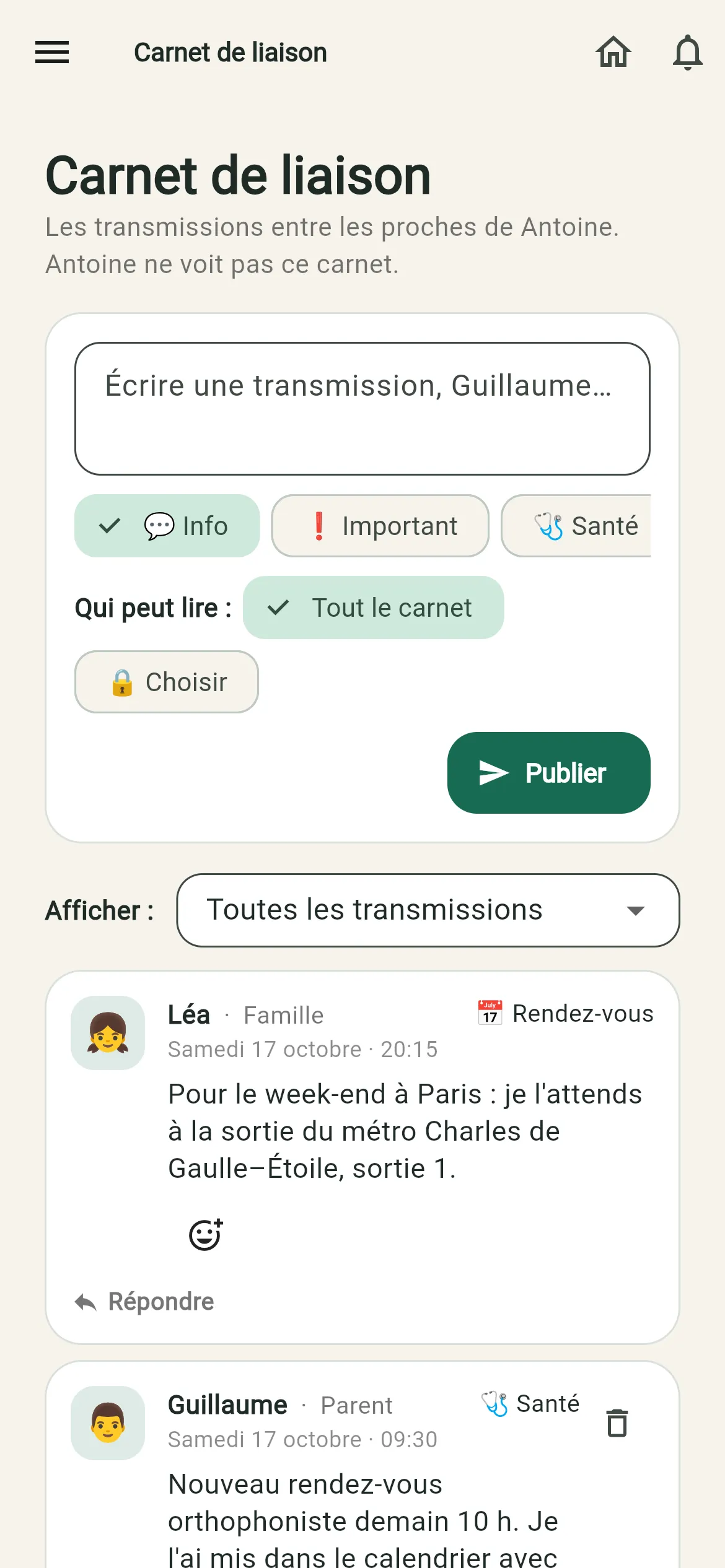 Le carnet de liaison : une transmission de Léa pour le week-end, avec réactions et réponses.