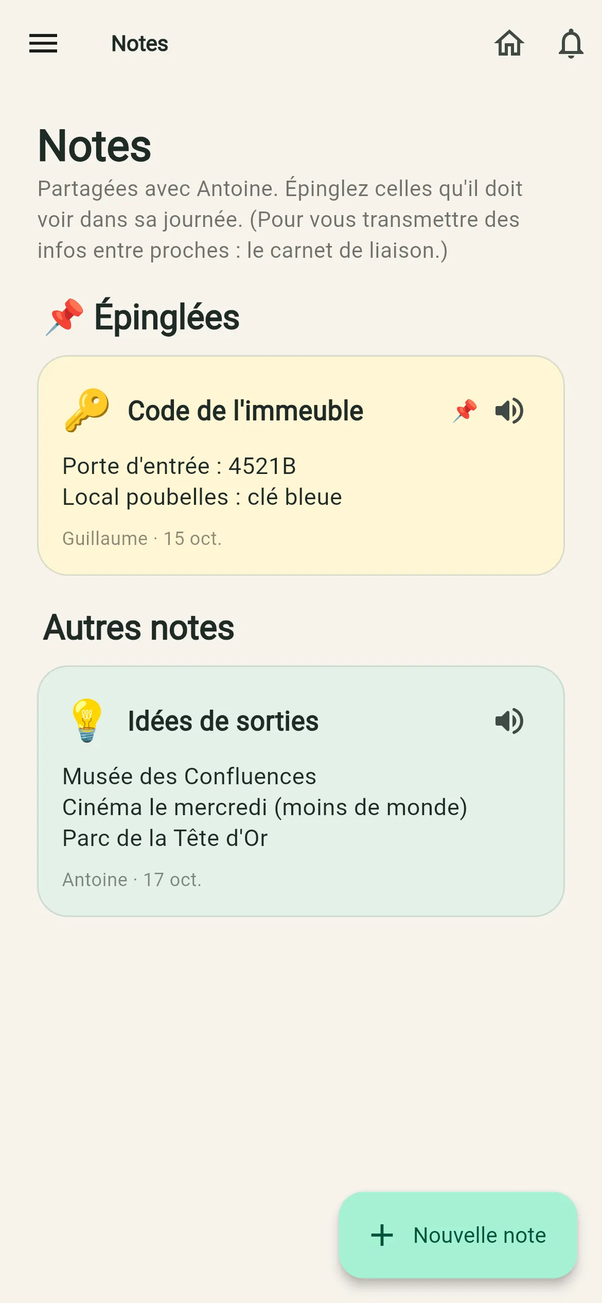 Les notes partagées, dont une épinglée dans la journée.